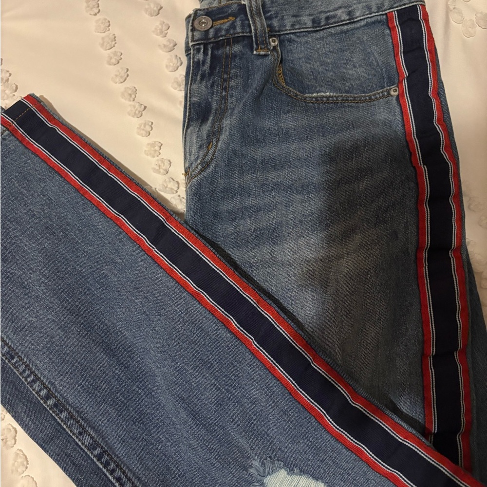 RSQ Blue and Red Skinny Jeans with Sporty Stripe
